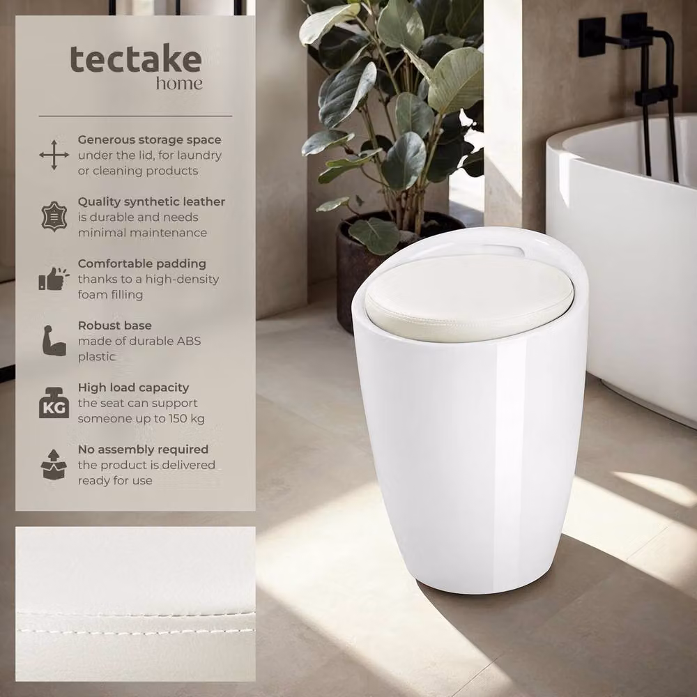 tectake White Bathroom Stool with Synthetic Leather Removable Cover – 2