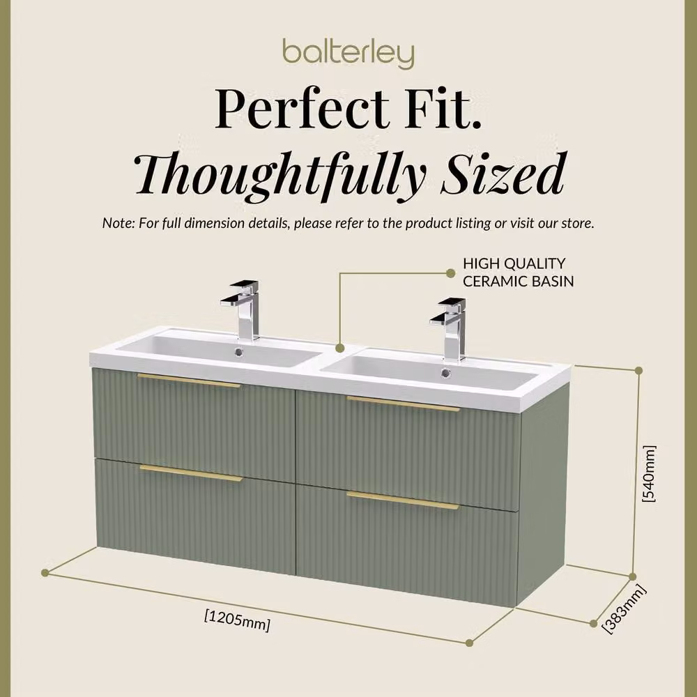 Balterley Fluted Front Wall Hung 4 Drawer Vanity Basin Unit, Satin Green, W: 120 cm – 3