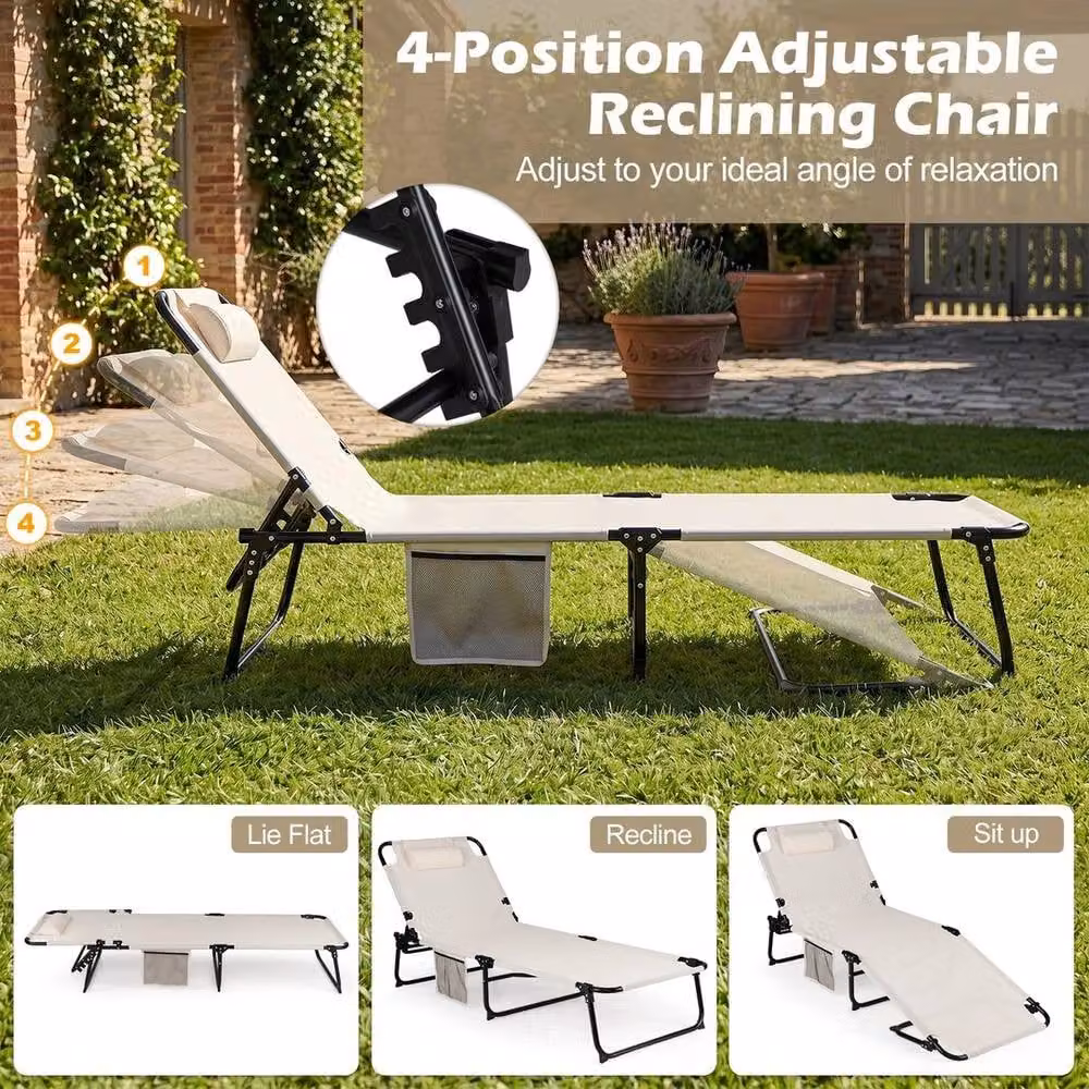 Kelvenix Folding Sun Lounger with 4-Position Adjustable Backrest and Weatherproof Cushion in Beige – 3