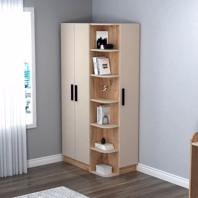 Destina Home LTD Modern Corner Wardrobe with Internal Shelves and Hanging Rod in Beige
