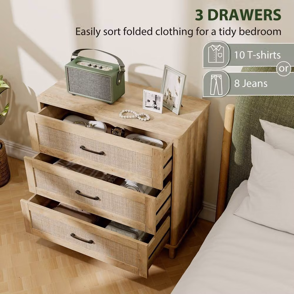 HOMCOM 3 Drawer Chest of Drawers in Natural Oak with Rattan Wood Design – 3