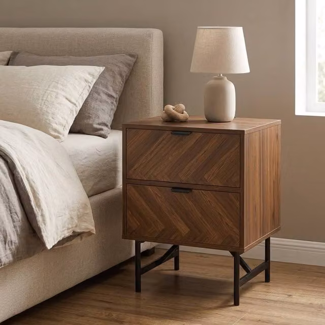 STILVORA Bedside Table with 2 Drawers in Brown Matt Wood and Metal – 1