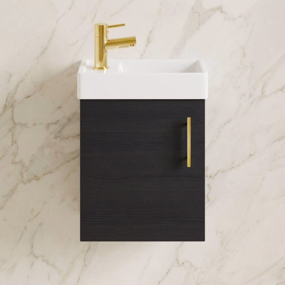 Balterley Wall Mounted Vanity Basin in Black with Brushed Brass Handle, W: 40 cm, H: 52 cm, D: 40 cm – 6