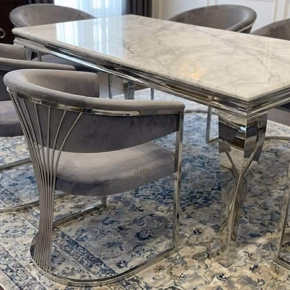Home Luxe Interior Grey Marble and Silver Rectangular Dining Table with 6 Porado Grey Chairs, Width: 160 cm – 5