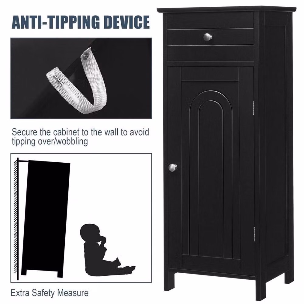 VOGREX Black Wooden Single-Door Freestanding Bathroom Storage Cabinet with Internal Shelves – 4