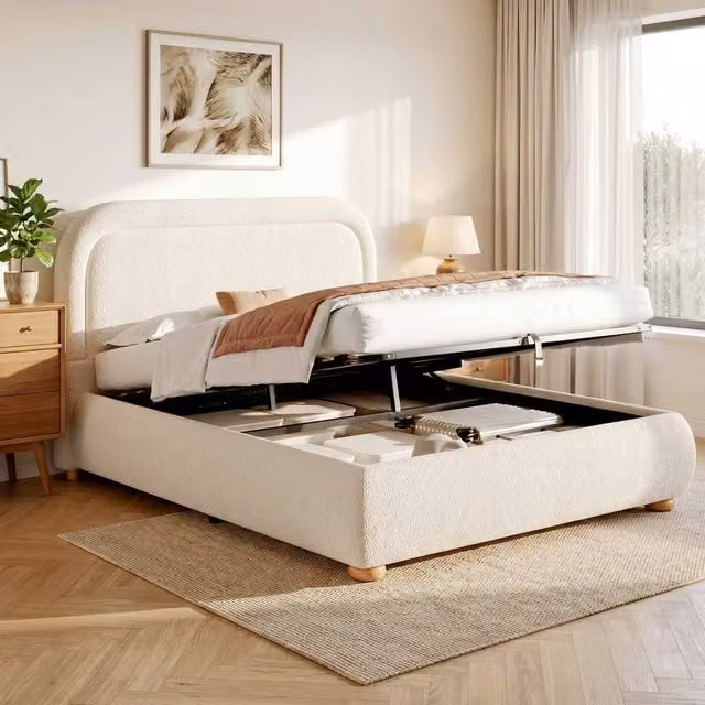 Merax Beige Bouclé Upholstered Ottoman Bed Frame with Curved Headboard, W/D/H: 140 x 190 cm – 1