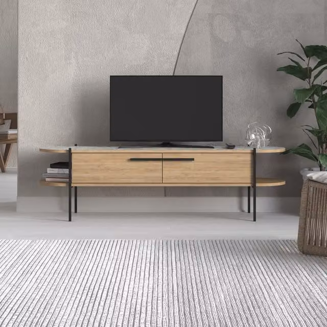 Decortie Modern Otis TV Stand Multimedia Centre in Oak and White Marble Effect, Width: 160 cm