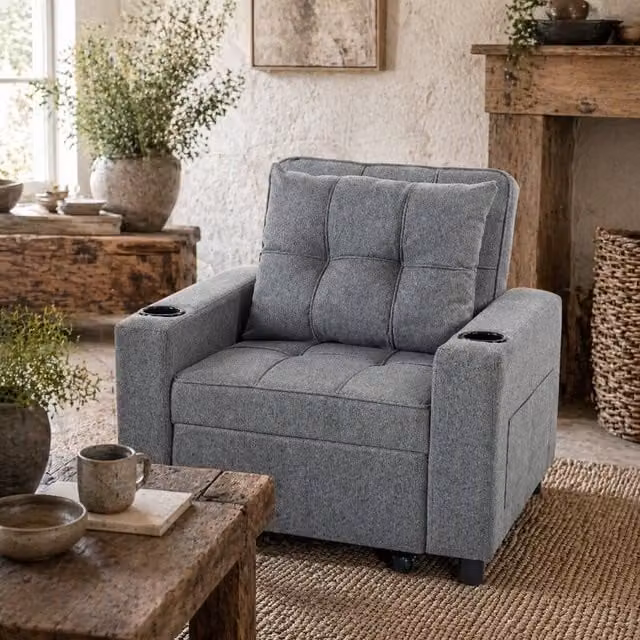 Wyld Haus Soliri 3 in 1 Convertible Single Sofa Bed in Dark Grey with Tufted Fabric Cushions – 1