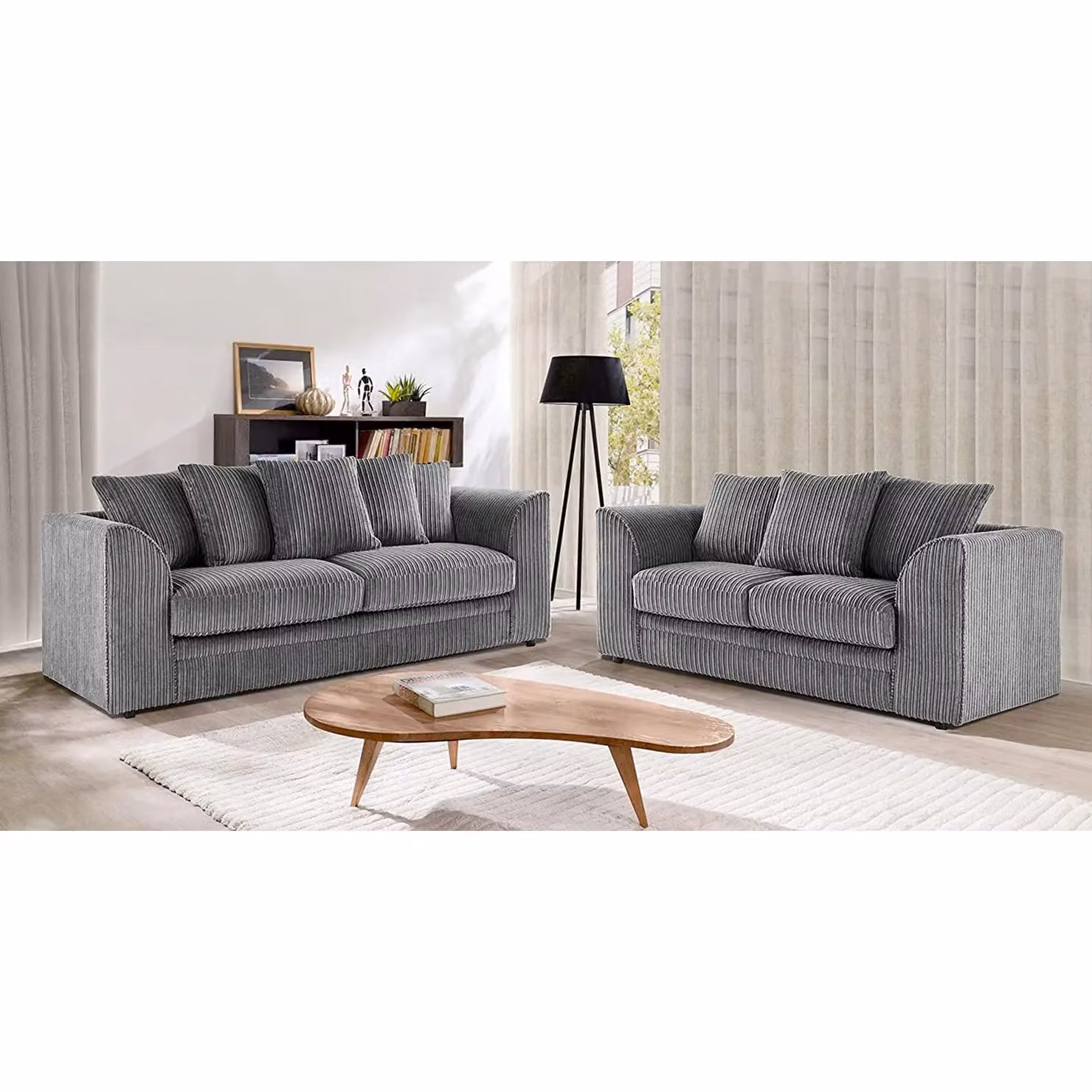 SquareBoxx Lennox Grey Cord Upholstered 3+2 Sofa Set with Scatter Cushions – 3