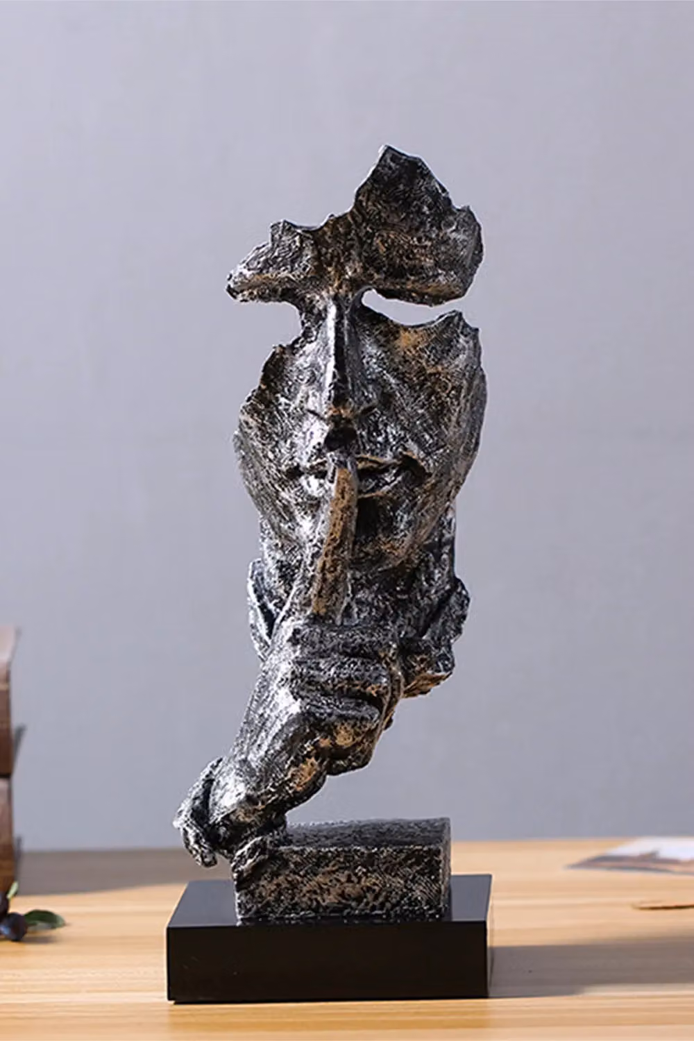 Living and Home Silver Abstract Men Figure Statue, Modern Metal Keep Silence Figurine for Tabletop – 4