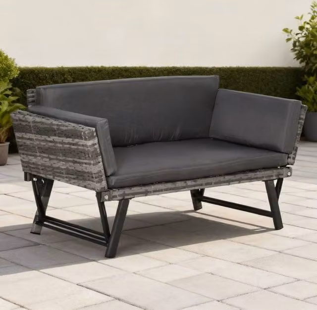 ERGOVEXA Grey Rattan Garden Bench with Armrests, W: 220 cm, D: 67 cm, H: 60 cm