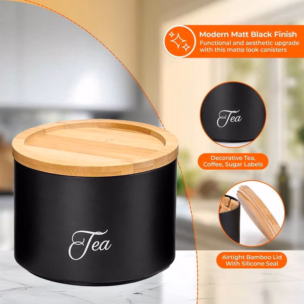 SPETLEK Stackable Airtight Tea, Coffee and Sugar Canisters with Bamboo Lids, Black – 3