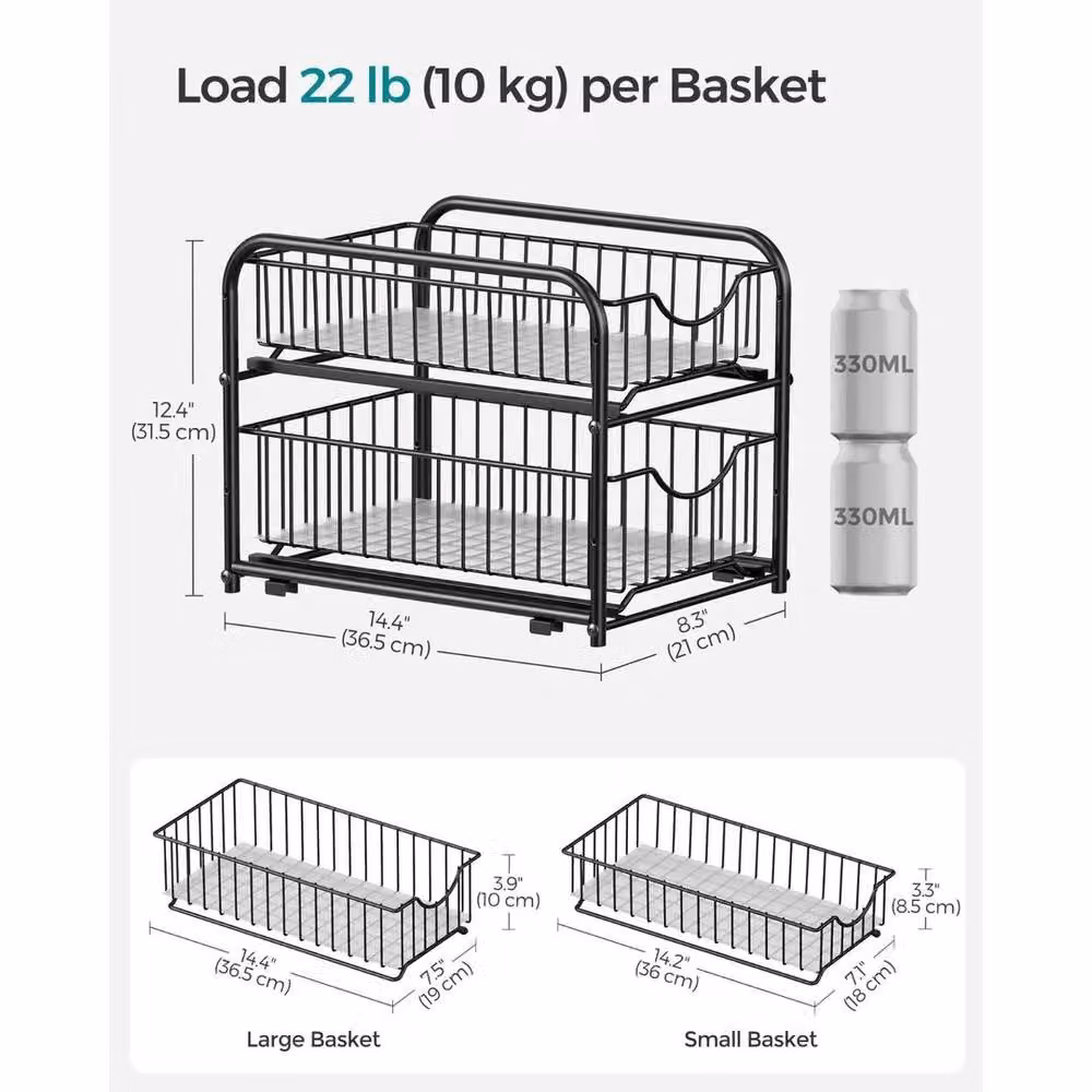 KORVIXA 2-Tier Under Sink Storage Organiser in Black with Adjustable Shelves – 2