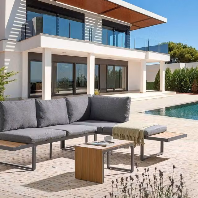 Wyld and Coco 4-Seater Modular L-Shape Garden Corner Sofa Set with Grey Fabric Cushions and Outdoor Coffee Table – 1