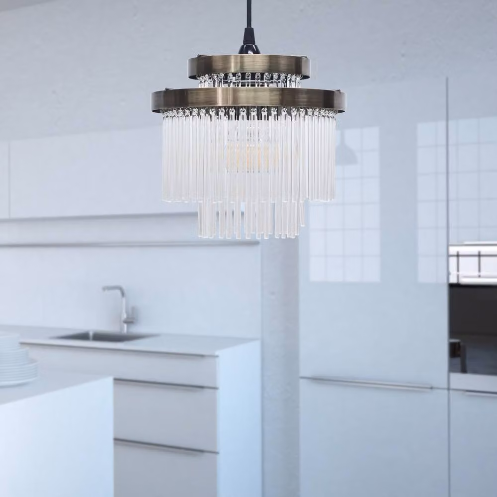 First Choice Lighting Ashley Antique Brass and Clear Glass Rods Easy Fit Pendant Shade – 3