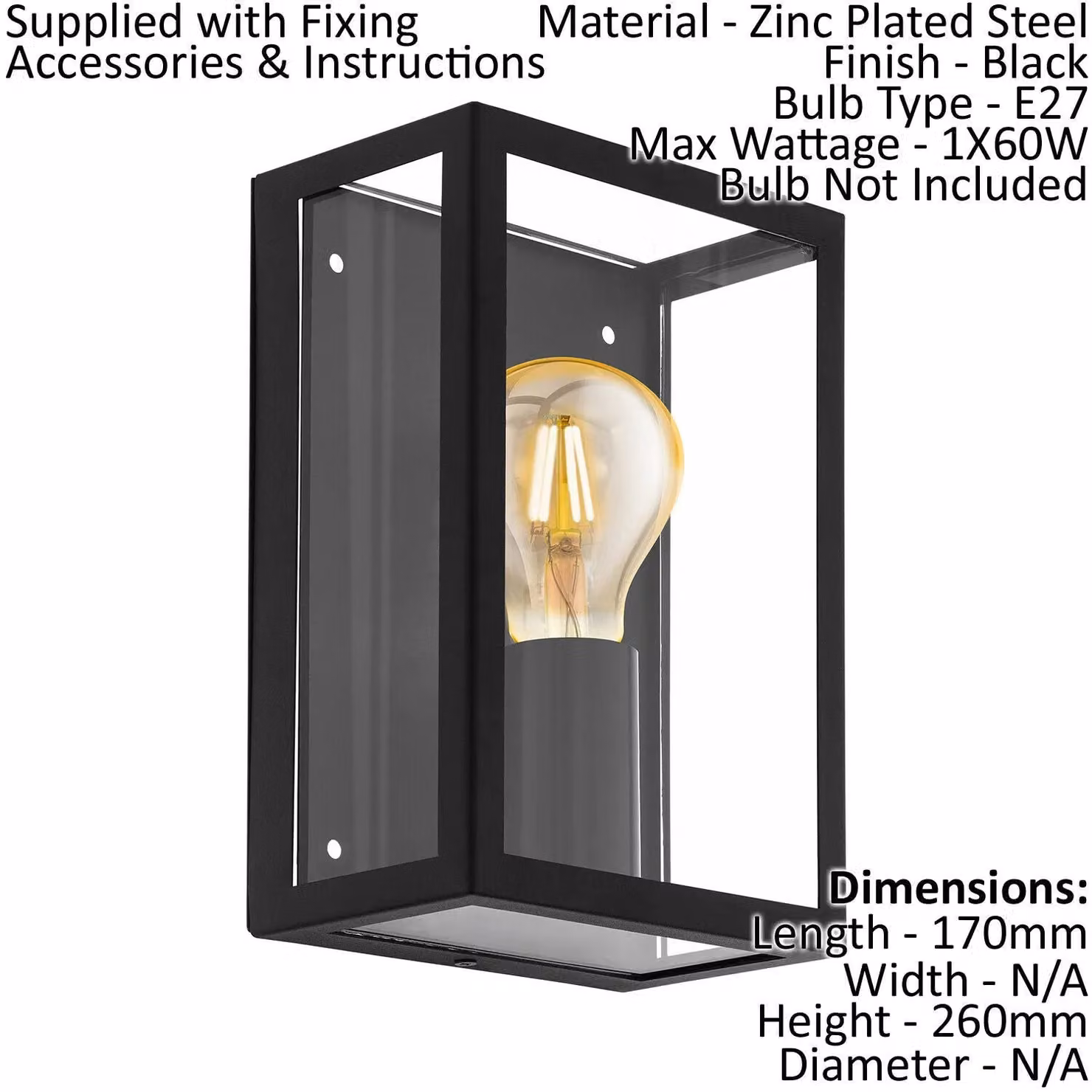 Loops 2 Pack IP44 Modern Black Metal and Transparent Glass Outdoor Wall Lanterns for Garden and Porch, E27 60W – 2