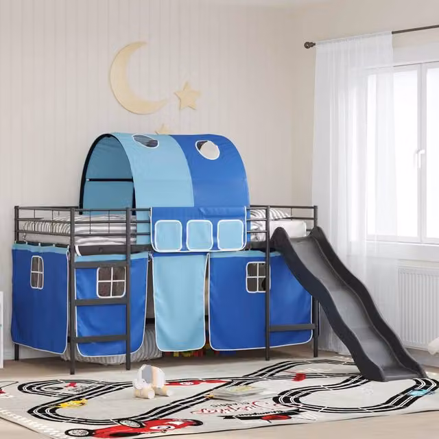 Berkfield Home Kids Loft Bed Frame in Black and Blue Metal, W/D/H: 90 x 200 cm