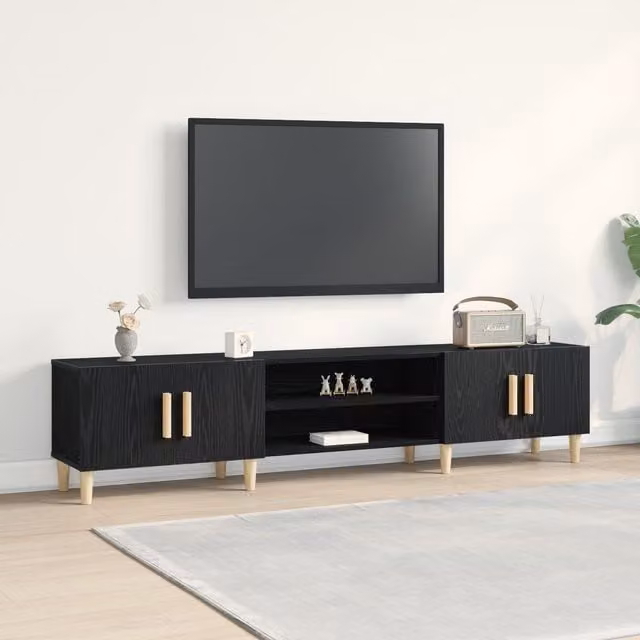 Berkfield Home Modern Black Oak TV Cabinet with Internal Shelves and Hinged Doors, W/D/H: 180 x 31.5 x 40 cm