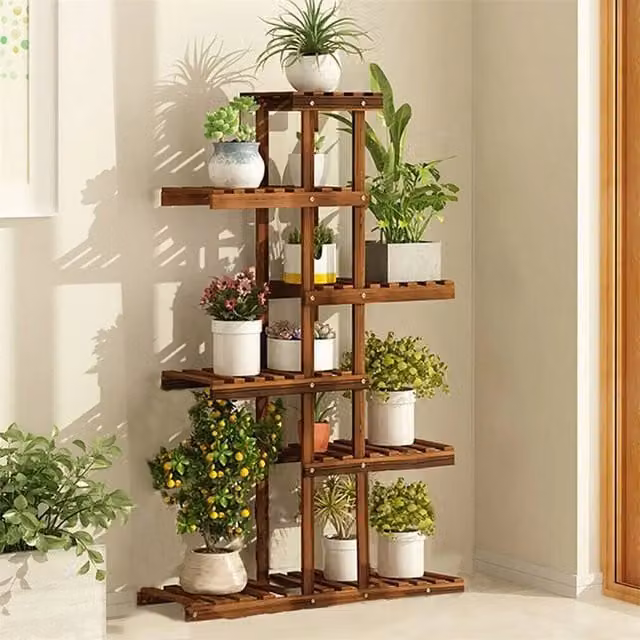 EONLION 6-Tiered Rustic Carbonised Wood Plant Stand in Brown, W/D/H: 90 x 30 x 131 cm – 1