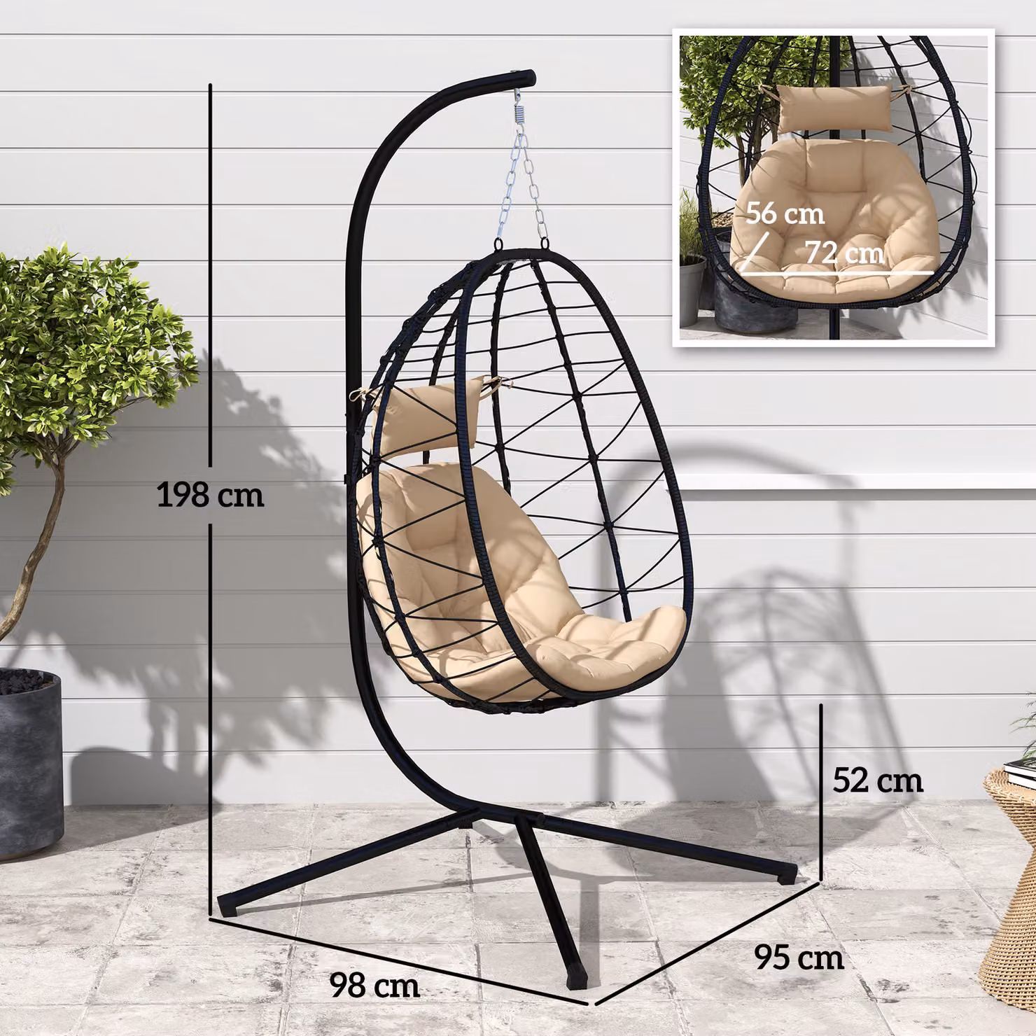Outsunny Hanging Egg Chair Garden Swing with Stand and Cushions, Beige – 3