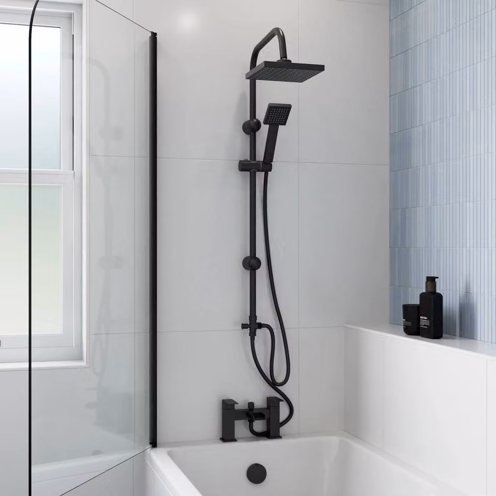 NESTLUNE Matt Black Waterfall Bath and Shower Mixer Kit with Overhead Rain Shower and Handheld Shower – 2