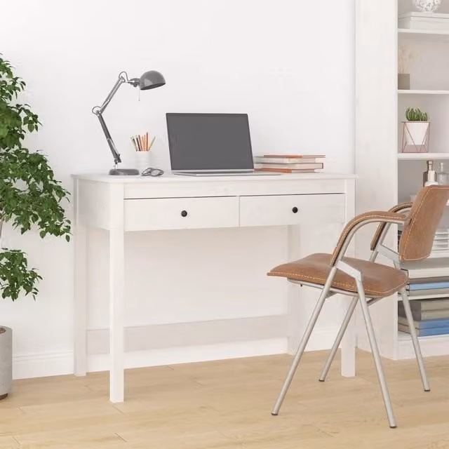 Berkfield Home White Solid Wood Pine Computer Desk with Drawers W/D/H: 100 x 50 x 78 cm
