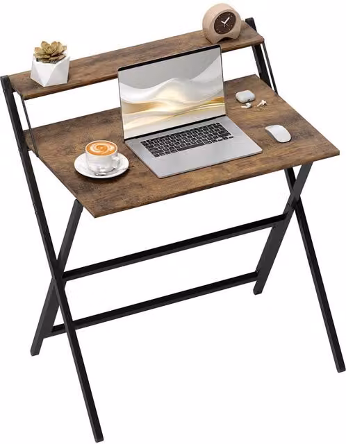 Rolipo Brown Folding Computer Desk with Monitor Shelf