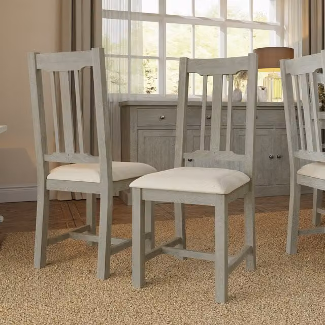 FWStyle Set of 2 Rustic Reclaimed Pine Dining Chairs with Grey Fabric in Limewashed Finish