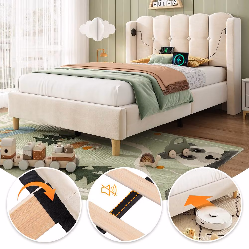 ModernLuxe Upholstered Single Bed in Beige Velvet with USB Charging Port and Wooden Slatted Frame, W/D/H: 90 x 200 cm – 3