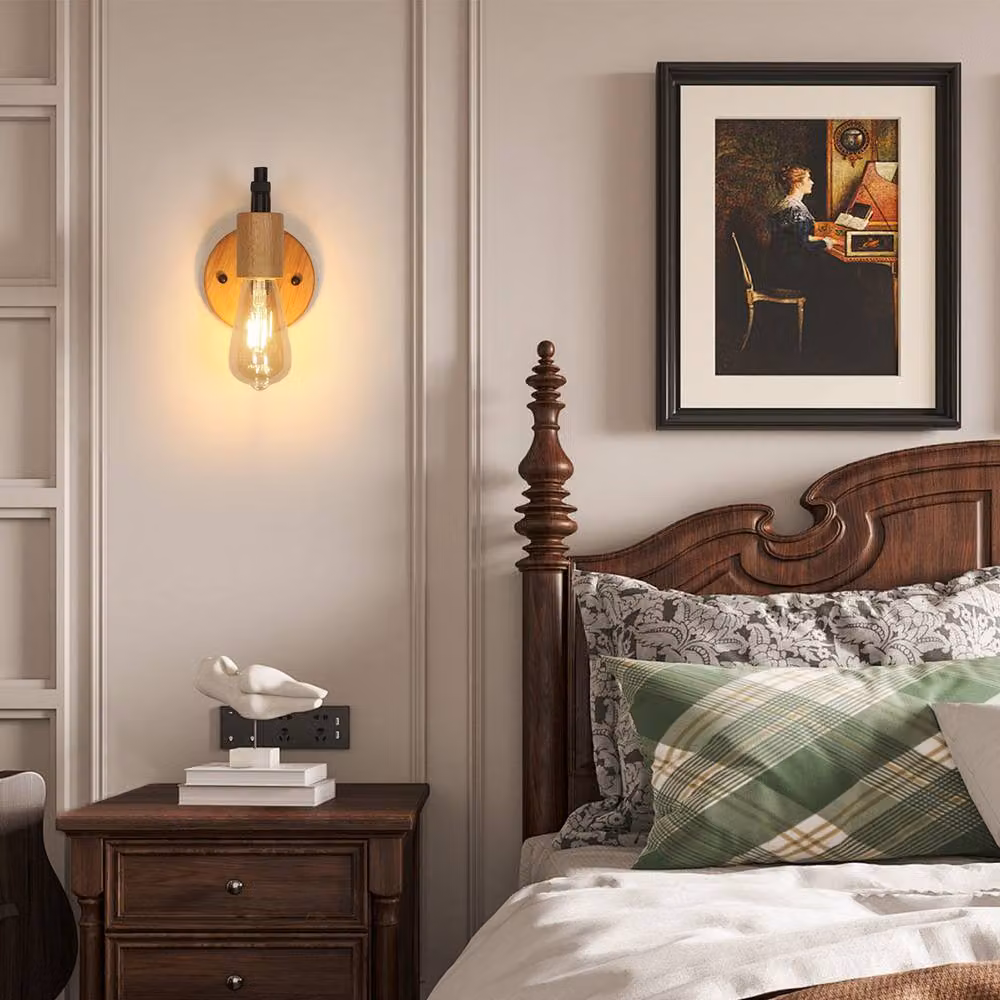 Pheashine Set of 2 Industrial Wood and Metal Wall Sconces in Black and Brown, Height: 17 cm – 6