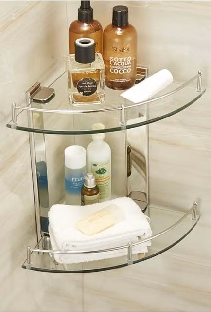 Living and Home 2-Tier Wall Mounted Corner Bathroom Shelf in Silver with Tempered Glass