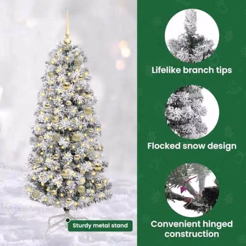 vidaXL Artificial Hinged Christmas Tree in Green, White and Gold, Height: 150 cm – 5
