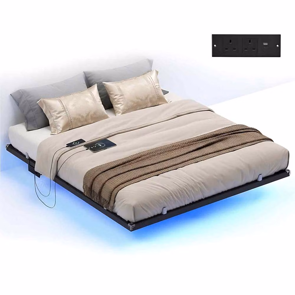 The Bazaarist King King Floating Bed Frame with LED Under-Bed Lighting in Black Metal – 2