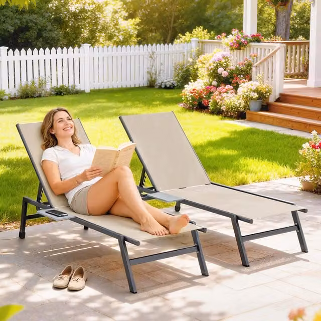 Outsunny Set of Two Modern Garden Sun Loungers with Side Tray Table in Beige and Brown
