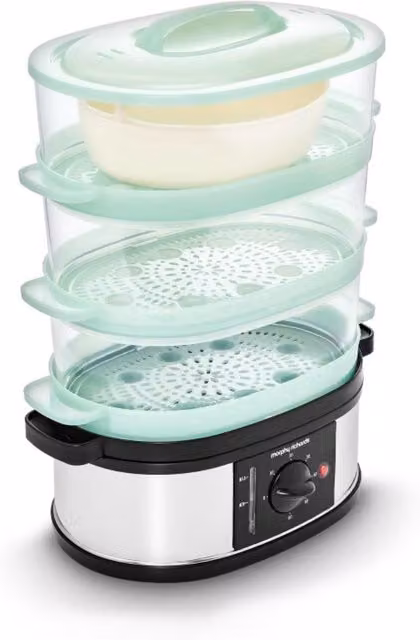 Morphy Richards 3 Tier Food Steamer, 9L, Black and Silver Stainless Steel with Timer
