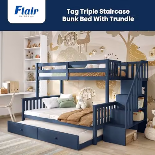 Flair Furnishings Triple Bunk Bed with Trundle and Staircase Storage in Blue – 4