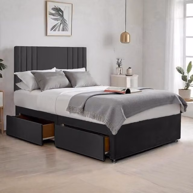 Bed Time UK Plush Sawana Small Double Bed with 20 inch Headboard, Memory Foam Hybrid Mattress and 2 Drawers in Black, W/D/H: 120 x 200 cm – 1