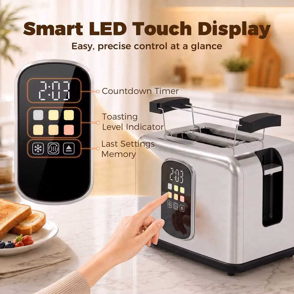 HOMCOM 2 Slice Silver Stainless Steel Toaster with Digital Display and Timer – 4