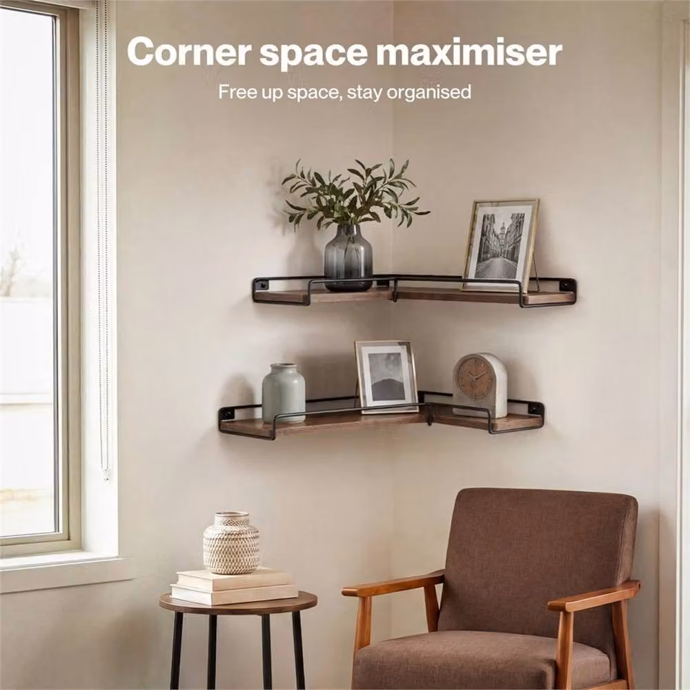 Nordara 2-Piece Brown Wood L-Shaped Floating Corner Wall Mounted Shelves, Width: 120 cm – 3