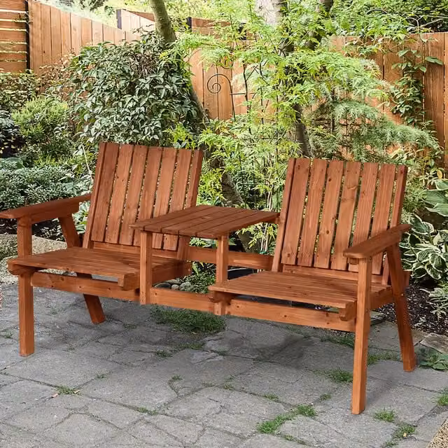 Outsunny Rustic Fir Wood 2 Seat Bench with Table in Orange and Brown