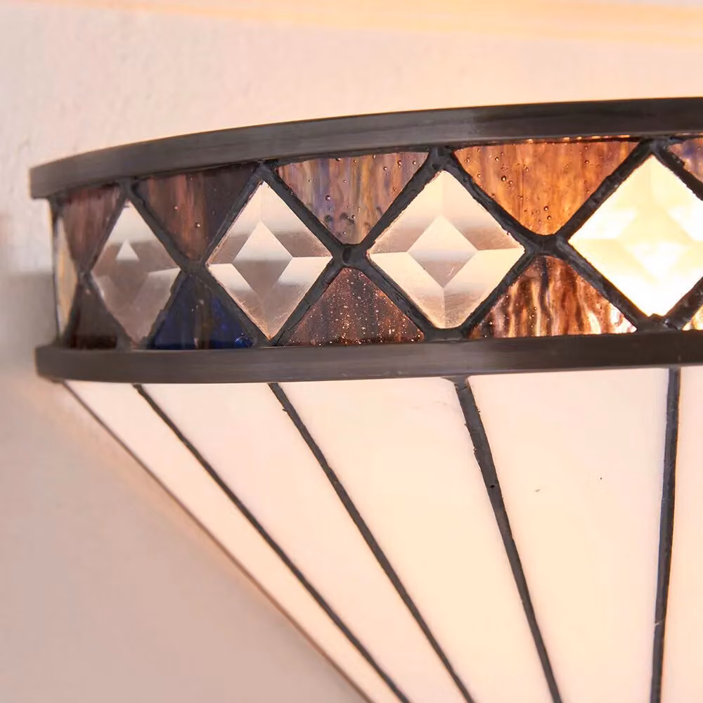 Loops Tiffany Glass Wall Light in Rich Cream and Transparent with Diamond Trim Interior Sconce – 3