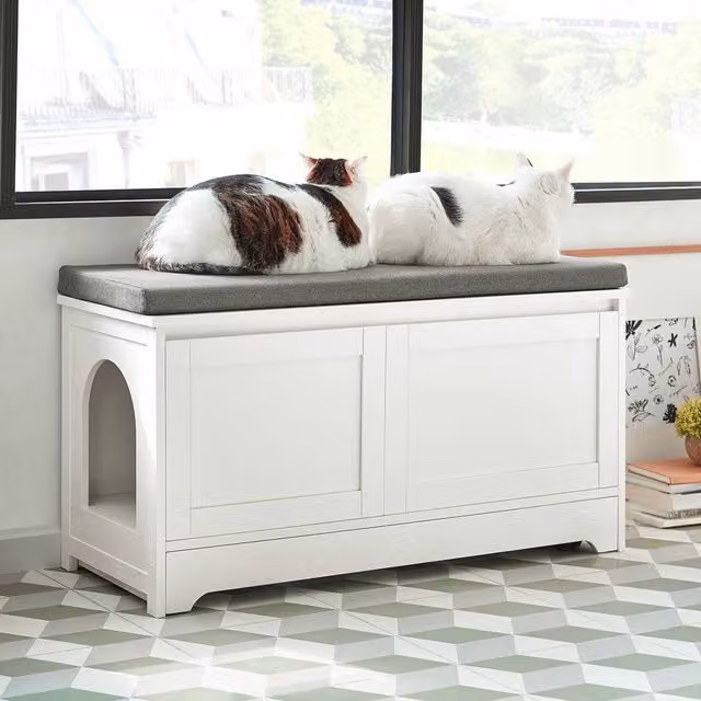 SoBuy Cat-Friendly Entrance Bench with Padded Fabric Seat and Hidden Litter Space in White and Grey – 1