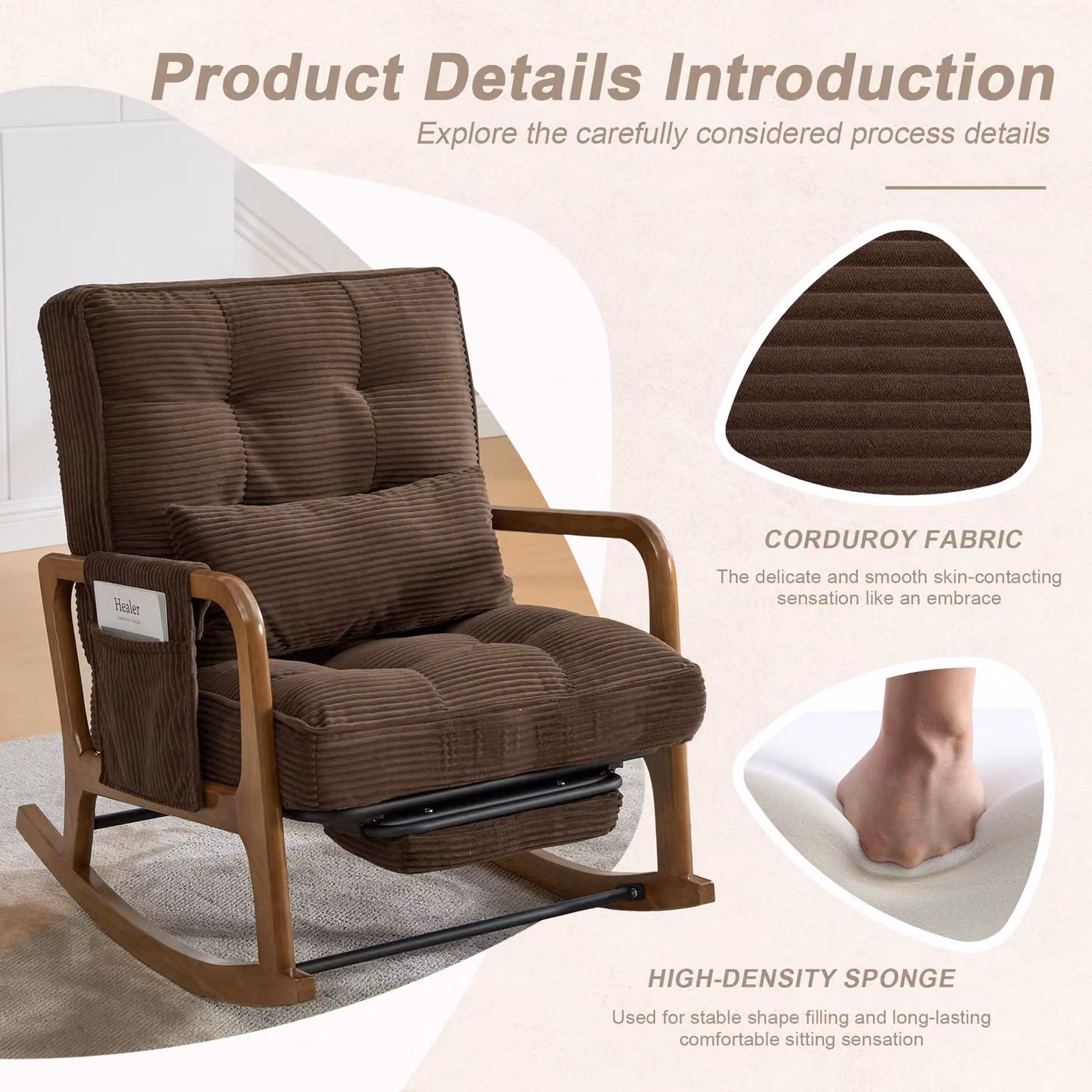 Aosom UK Corduroy Rocking Chair with Adjustable Footrest and Side Pocket in Brown, L 92 x W 80 x H 70 cm – 4