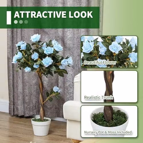 Outsunny Set of 2 Blue Artificial Rose Trees, 90 cm Height – 3