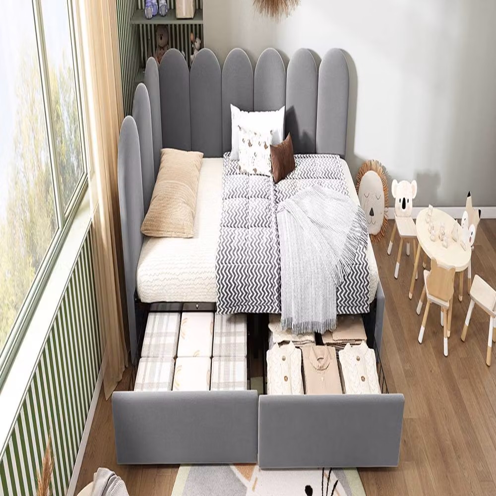 Rolipo Grey Velvet Single Daybed with Storage Drawers W/D/H: 90 x 190 cm – 4