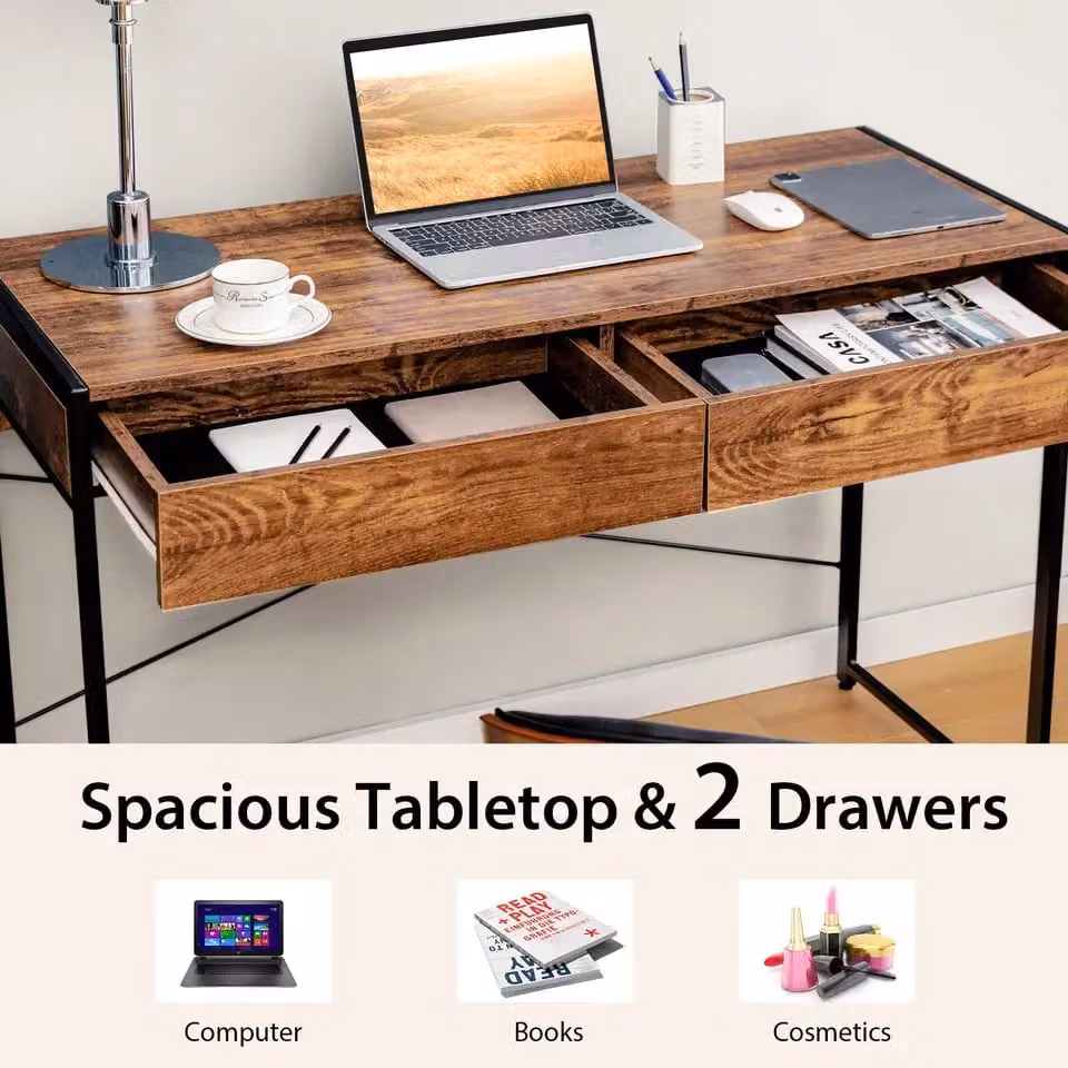 Costway Brown Wooden Computer Desk and Writing Workstation with 2 Drawers – 5