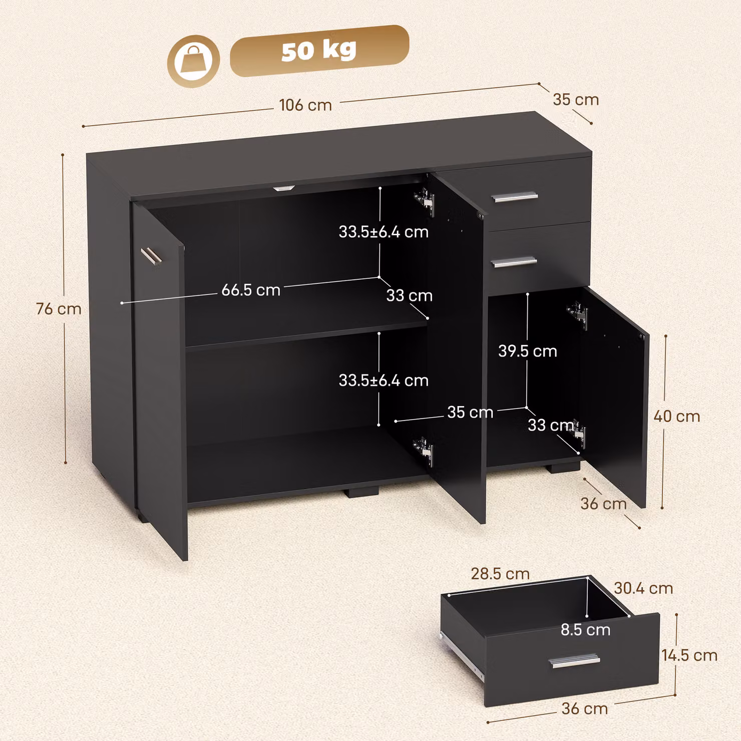 HOMCOM Modern Black Sideboard Storage Cabinet with 2 Drawers, 3 Doors and Adjustable Shelves – 3