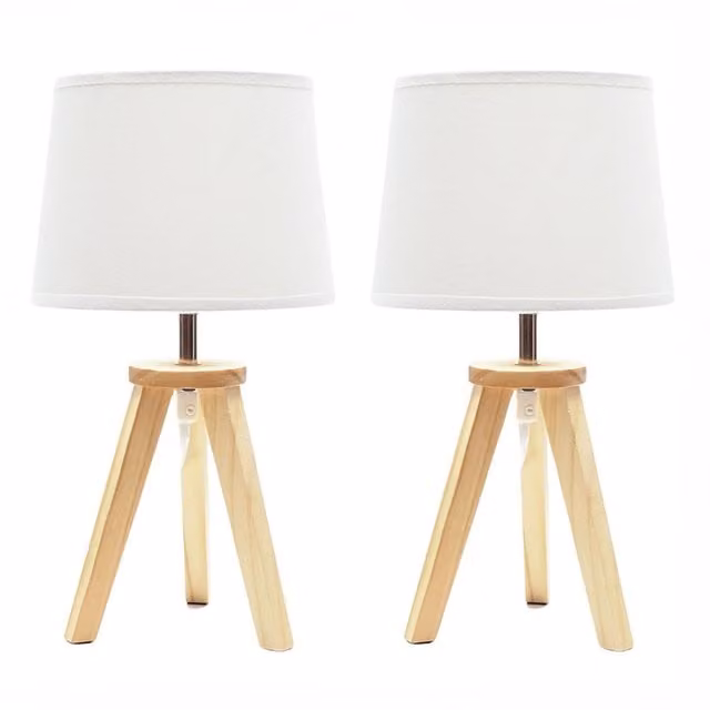 ValueLights Jackson Pair of Scandinavian Wood Tripod Table Lamps in Grey and White, H: 32 cm, W: 18 cm, D: 18 cm
