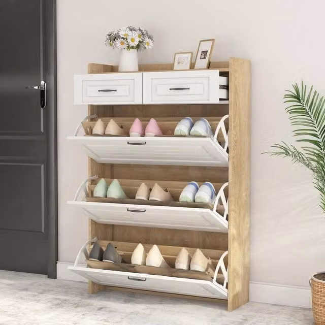 Rolipo White Narrow Shoe Cabinet with 3 Tilting Compartments and Drawers, W/D/H: 80 x 23.5 x 131 cm