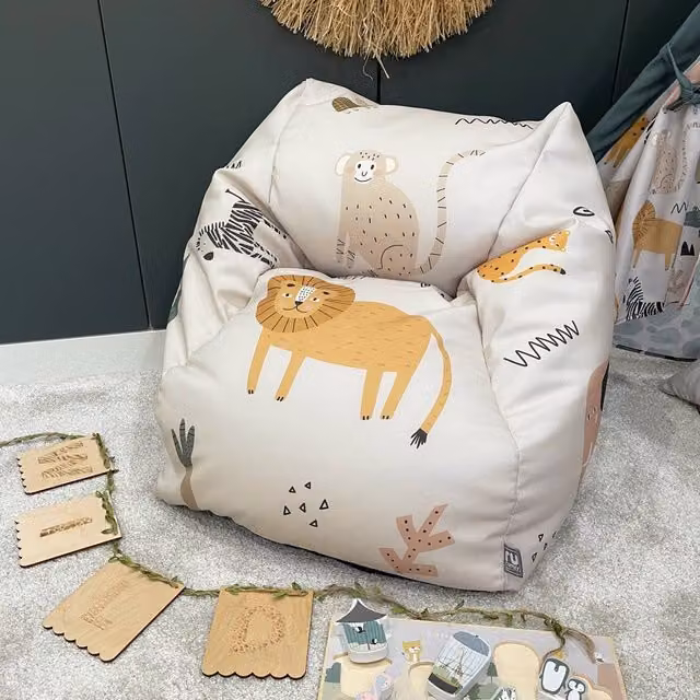 rucomfy Indoor Safari Snuggle Chair Kids Bean Bag Armchair in Multicolour and Beige